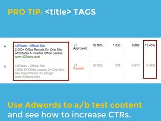 Crawl your website
● Screaming Frog SEO Spider
Google Search Console
● HTML improvements, internal links,
server errors
Mobile-friendly test, Site load speed test
IDENTIFY ON-SITE TECHNICAL
ISSUES
 