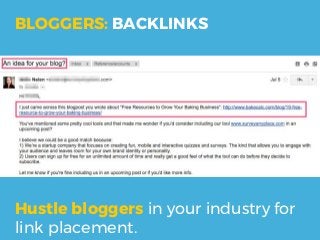 Hustle bloggers in your industry for
link placement.
BLOGGERS: BACKLINKS
 