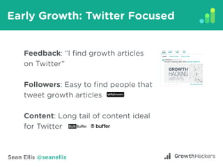 Sean Ellis @seanellis
Early Growth: Twitter Focused
Feedback: “I find growth articles
on Twitter”
Followers: Easy to find ...