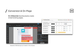 Conversion & On-Page/
8. Unbounce: Quickly/easily create
& test landing pages.
Disclaimer: 500 Startups is an investor in ...