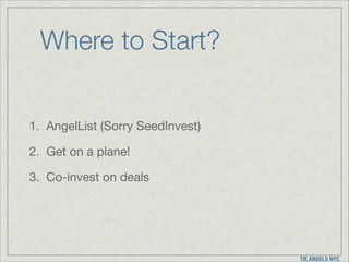 Where to Start?
1. AngelList (Sorry SeedInvest)

2. Get on a plane!

3. Co-invest on deals

TIE ANGELS NYC

 