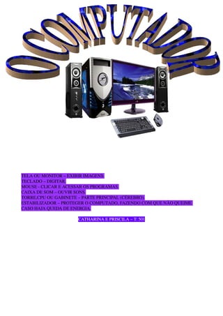 TELA OU MONITOR – EXIBIR IMAGENS.
TECLADO – DIGITAR.
MOUSE ­ CLICAR E ACESSAR OS PROGRAMAS.
CAIXA DE SOM – OUVIR SONS.
TORRE,CPU OU GABINETE – PARTE PRINCIPAL (CÉREBRO).
ESTABILIZADOR – PROTEGER O COMPUTADO, FAZENDO COM QUE NÃO QUEIME 
CASO HAJA QUEDA DE ENERGIA.
CATHARINA E PRISCILA – T: 501
 