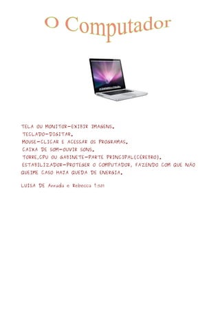 TELA OU MONITOR-EXIBIR IMAGENS.
 TECLADO-DIGITAR.
 MOUSE-CLICAR E ACESSAR OS PROGRAMAS.
 CAIXA DE SOM-OUVIR SONS.
 TORRE,CPU OU GABINETE-PARTE PRINCIPAL(CÉREBRO).
 ESTABILIZADOR-PROTEGER O COMPUTADOR, FAZENDO COM QUE NÃO
QUEIME CASO HAJA QUEDA DE ENERGIA.
LUISA DE Arruda e Rebecca t;501
 