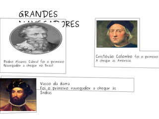 GRANDES
NAVEGADORES
Pedro Alvares Cabral foi o primeiro
Navegador a chegar no Brasil
Cristóvão Colombo foi o primeiro
A chegar as Américas
Vasco da Gama
Foi o primeiro navegador a chegar às
Índias
 