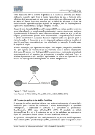 Análise semiótica aplicada às marcas
LIMA e CARVALHO
Revista Eletrônica de Administração (Online), v. 11, n.2, edição 21, jul-dez 2012 10
como mediadora entre o sistema de produção e o sistema de consumo, essa função
mediadora enquanto signo torna a marca representante de algo e funciona como
substituto deste algo, gerando em uma mente interpretadora um efeito, que pode ser real
ou potencial. Faz-se importante ressaltar que na definição peirceana, o signo não
necessariamente representa algo para alguém, um intérprete, mas ele tem um potencial
significativo independente de qualquer intérprete concreto.
De acordo com Santaella (2002) apud Compagno (2009), na prática, a análise semiótica
possui três aplicações principais quando relacionadas à marcas. A primeira é analisar o
signo (a marca) e definir qual o potencial comunicativo do mesmo, ou seja, que efeitos
ele pode, potencialmente, gerar na mente do consumidor. A segunda aplicação é definir
os efeitos interpretativos desejados, buscando expressividades que possam gerar os
efeitos buscados. E finalmente, a terceira importante aplicação refere-se à análise do
nível de semelhança entre dois signos com a finalidade, por exemplo, de avaliar casos
de suspeita de plágio.
A marca é um signo, que representa um objeto – uma empresa, um produto, uma ideia,
etc – para alguém, um consumidor real ou potencial e todos os públicos interpretantes
deste signo. De acordo com Rodriguez (2001), como signo, a marca pode ser analisada
semioticamente sob três aspectos, que acompanham o raciocínio triádico de Peirce: as
relações sígnicas em relação ao objeto representado, em relação ao signo em si e em
relação aos efeitos potencialmente gerados nas mentes interpretadoras.
Figura 3 – Tríade marcária.
Fonte: Adaptado de PEREZ (2004, p. 52) apud KHAUAJA; JORGE; PEREZ (2007)
5.1 Processo de Aplicação da Análise Semiótica
O processo de análise semiótica inicia-se com o desenvolvimento de três capacidades
necessárias para a análise dos fenômenos – atitude fenomenológica: a capacidade
contemplativa, a capacidade de distinção e a capacidade de generalização
(SANTAELLA, 2002) apud COMPAGNO (2009). O resultado da atitude
fenomenológica deve ser o levantamento de um rol de qualidades que aparecem no
signo, tais como cores, formas, volumes, textura, movimento, ritmo, etc.
A capacidade contemplativa é uma condição essencial no processo analítico proposto.
Para Santaella (2002) apud Compagno (2009), contemplar é tornar-se disponível para o
 