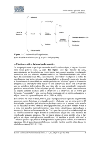 Análise semiótica aplicada às marcas
LIMA e CARVALHO
Revista Eletrônica de Administração (Online), v. 11, n.2, edição 21, jul-dez 2012 5
Figura 1 – O sistema filosófico peirceano.
Fonte: Adaptado de Santaella (2002, p. 5) apud Compagno (2009).
4.2 Semiose: o objeto da investigação semiótica
Se nos perguntarmos o que é que os estudos semióticos investigam, a resposta deve ser
uma única palavra: ação. A ação dos signos. Esse tipo peculiar de ação,
correspondendo ao tipo distinto de conhecimento que o nome semiótica propriamente
caracteriza, tem sido há muito tempo reconhecido em filosofia em conexão com vários
tipos de causalidade física. Mas, a esse respeito, fator “ideal” ou objetivo, o padrão de
acordo com o qual as investigações podiam estabelecer as dimensões materiais, formais
e determinantes da causalidade no sentido produtivo ou “eficiente” aparecia de maneira
marginal. Esse fator objetivo tem mais a ver com a observação do que com o observado
em sua existência independente. Daí esse fator não ter sido considerado claramente
pertinente aos resultados de investigações que não tinham como meta o estabelecimento
de alguma conexão essencial entre o observador e o observado, de tal forma que
tornasse a “observação” – uma conexão formal extrínseca entre o sujeito conhecedor e o
objeto conhecido – possível logo de início (DEELY, 1990).
Foi somente em cerca de 1906, todavia, que a ação peculiar aos signos foi singularizada
como um campo distinto de investigação possível e batizada com um nome próprio. O
investigador responsável pela singularização desse campo em si mesmo, e não através
de sua adjacência a outras linhas de investigação imediata, foi Charles Sanders Pierce, e
o nome com que ele o batizou foi semiose. Nesse ponto, a doutrina dos signos chegou a
um estágio fundamental em sua evolução: Peirce percebeu que o desenvolvimento pleno
da semiótica como um corpus distinto de conhecimento exigia uma visão dinâmica da
significação enquanto processo. Não se tratava apenas de uma questão sobre o Ser
próprio do signo ontologicamente considerado. Há também a questão adicional o
Tornar-se que esse tipo peculiar de Ser possibilita e pelo qual se sustenta. Não se tratava
apenas do fato de que existem símbolos, por exemplo. Existem também o fato de que os
símbolos crescem (DEELY, 1990).
 