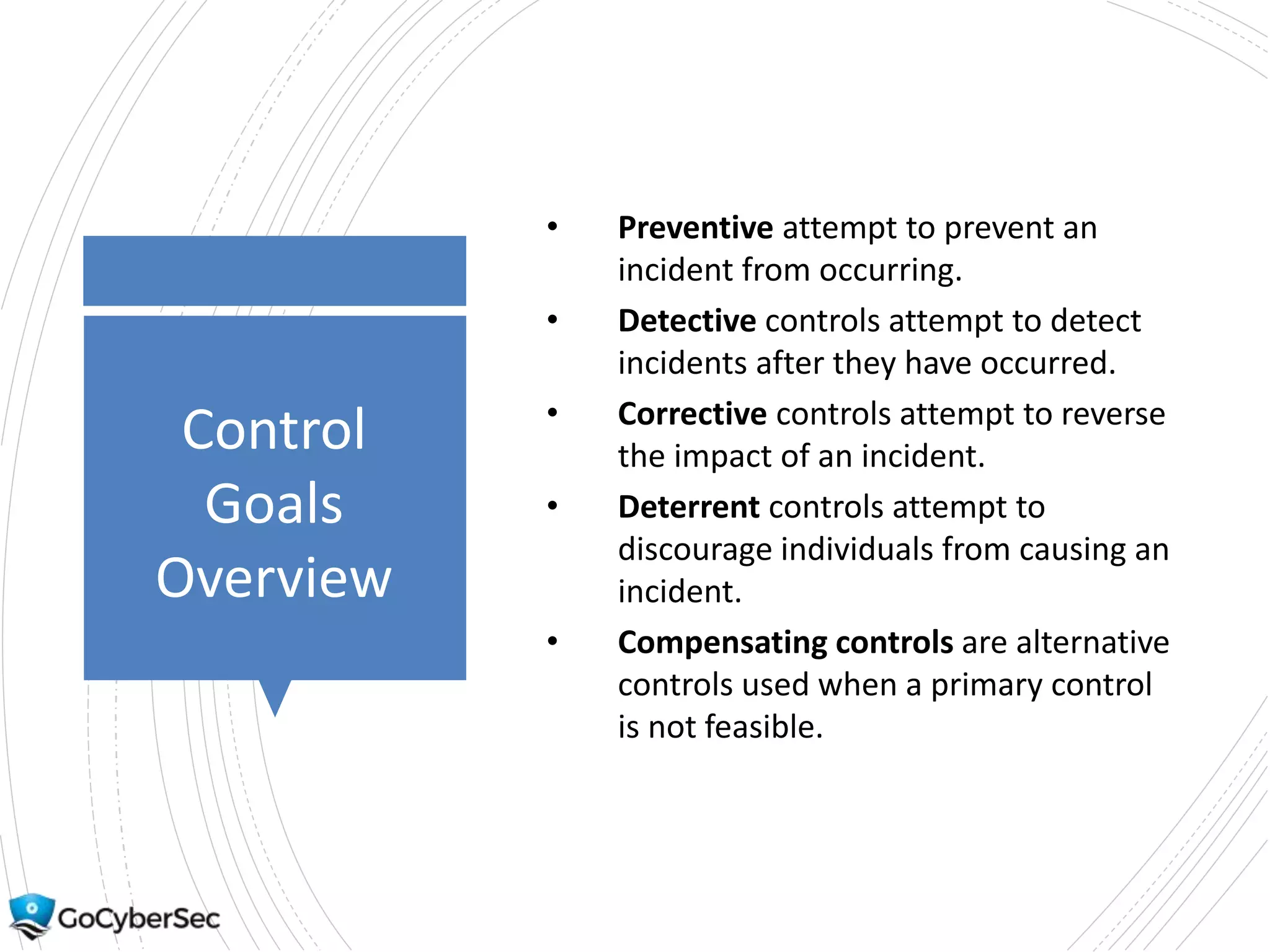 Control
Goals
Overview
• Preventive attempt to prevent an
incident from occurring.
• Detective controls attempt to detect
incidents after they have occurred.
• Corrective controls attempt to reverse
the impact of an incident.
• Deterrent controls attempt to
discourage individuals from causing an
incident.
• Compensating controls are alternative
controls used when a primary control
is not feasible.
 