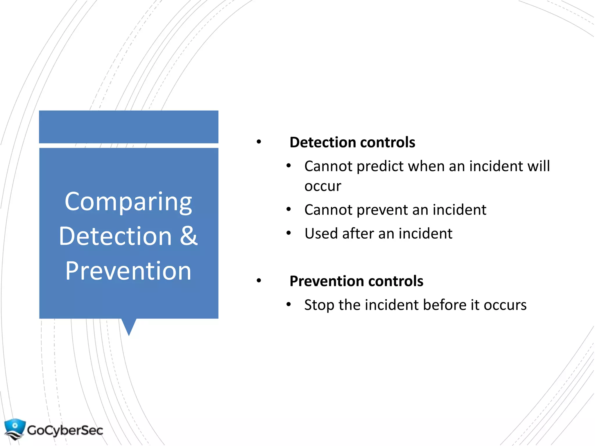 Comparing
Detection &
Prevention
• Detection controls
• Cannot predict when an incident will
occur
• Cannot prevent an incident
• Used after an incident
• Prevention controls
• Stop the incident before it occurs
 