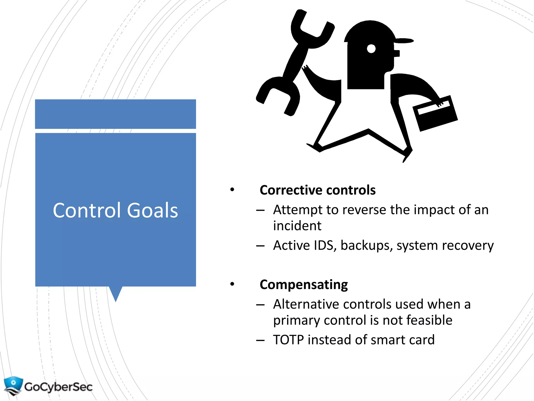 Control Goals
• Corrective controls
– Attempt to reverse the impact of an
incident
– Active IDS, backups, system recovery
• Compensating
– Alternative controls used when a
primary control is not feasible
– TOTP instead of smart card
 