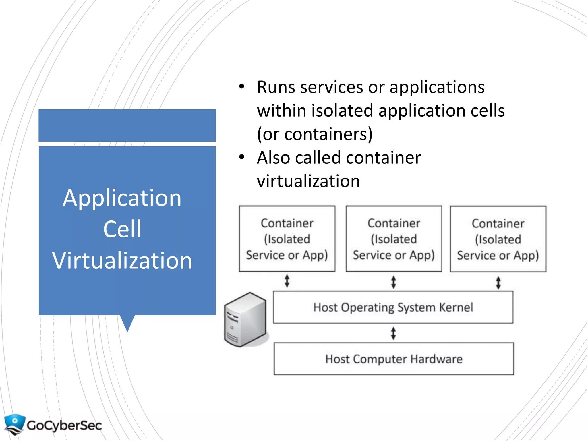 Application
Cell
Virtualization
• Runs services or applications
within isolated application cells
(or containers)
• Also called container
virtualization
 