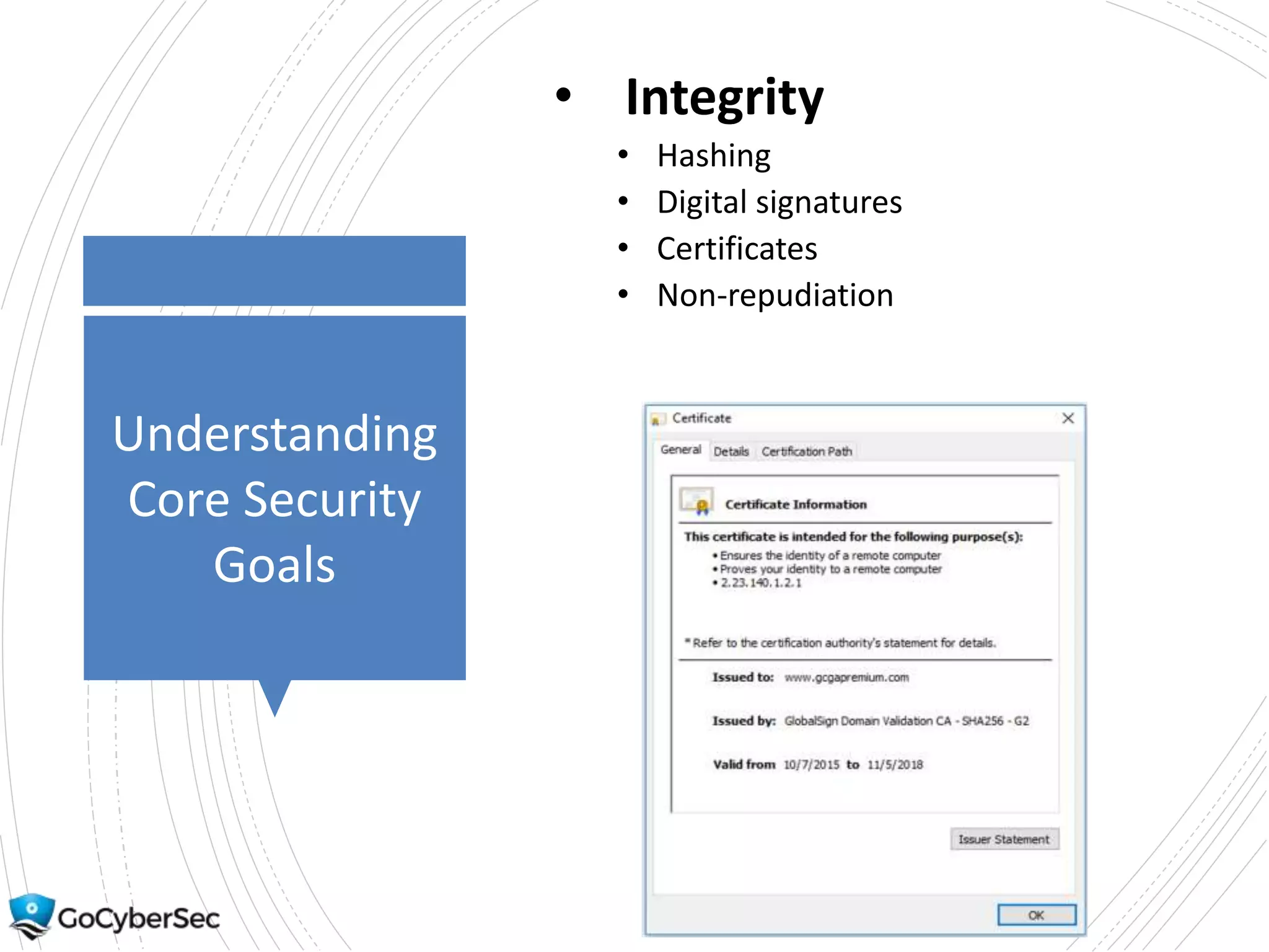 Understanding
Core Security
Goals
• Integrity
• Hashing
• Digital signatures
• Certificates
• Non-repudiation
 