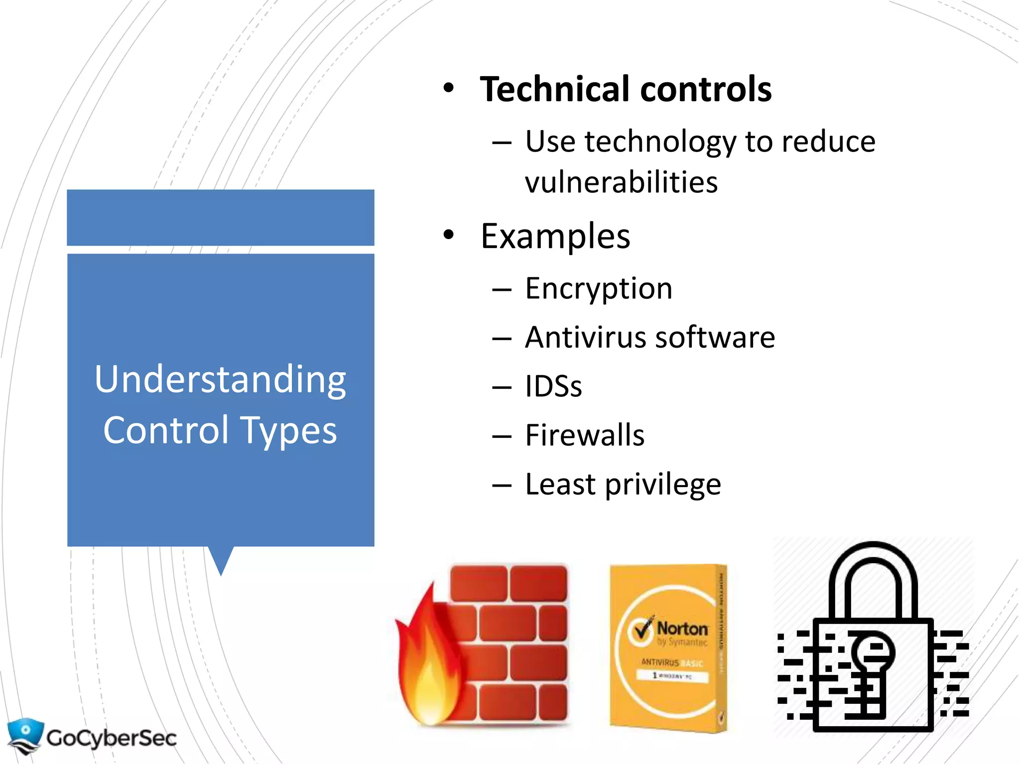 Understanding
Control Types
• Technical controls
– Use technology to reduce
vulnerabilities
• Examples
– Encryption
– Antivirus software
– IDSs
– Firewalls
– Least privilege
 