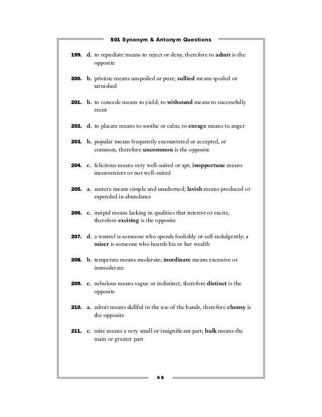 501 Synonym Antonym Questions 1