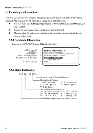 Chapter 1 Introduction|
1-2 Revision August 2008, 2ELE, V1.02
1.1 Receiving and Inspection
This VFD-EL AC motor drive has gone through rigorous quality control tests at the factory before
shipment. After receiving the AC motor drive, please check for the following:
Check to make sure that the package includes an AC motor drive, the User Manual/Quick
Start and CD.
Inspect the unit to assure it was not damaged during shipment.
Make sure that the part number indicated on the nameplate corresponds with the part
number of your order.
1.1.1 Nameplate Information
Example for 1HP/0.75kW 3-phase 230V AC motor drive
MODEL VFD007EL23A:
INPUT :3PH 200-240V 50/60Hz 5.1A
OUTPUT :3PH 0-240V 4.2A 1.6kVA 0.75kW/1HP
FREQUENCY RANGE : 0.1~600Hz
Serial Number & Bar Code
AC Drive Model
Input Spec.
Output Spec.
Output Frequency Range
007EL23A0T7140001
00.92Software Version
1.1.2 Model Explanation
VFD A
Version Type
23
Mains Input Voltage
11:115 phaseV 1- 21: phase230V 1-
23:230 phaseV 3-
EL
VFD-EL Series
007
Applicable motor capacity
004: 0.5 HP(0.4kW)
015: 2 HP(1.5kW)
022: 3 HP(2.2kW)
Series Name ( ariable requency rive)V F D
43:460 phaseV 3-
002: 0.25 HP(0.2kW)
037: 5 HP(3.7kW)
A: Standard drive
 