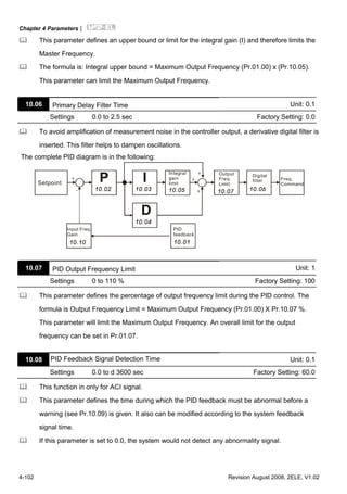 Chapter 4 Parameters|
4-102 Revision August 2008, 2ELE, V1.02
This parameter defines an upper bound or limit for the integral gain (I) and therefore limits the
Master Frequency.
The formula is: Integral upper bound = Maximum Output Frequency (Pr.01.00) x (Pr.10.05).
This parameter can limit the Maximum Output Frequency.
10.06 Primary Delay Filter Time Unit: 0.1
Settings 0.0 to 2.5 sec Factory Setting: 0.0
To avoid amplification of measurement noise in the controller output, a derivative digital filter is
inserted. This filter helps to dampen oscillations.
The complete PID diagram is in the following:
P
10.02
I
10.03
D
10.04
10.05
10.10
10.07 10.06
10.01
+
-
+
+
+
Setpoint
Input Freq.
Gain
PID
feedback
Integral
gain
limit
Output
Freq.
Limit
Digital
filter Freq.
Command
10.07 PID Output Frequency Limit Unit: 1
Settings 0 to 110 % Factory Setting: 100
This parameter defines the percentage of output frequency limit during the PID control. The
formula is Output Frequency Limit = Maximum Output Frequency (Pr.01.00) X Pr.10.07 %.
This parameter will limit the Maximum Output Frequency. An overall limit for the output
frequency can be set in Pr.01.07.
10.08 PID Feedback Signal Detection Time Unit: 0.1
Settings 0.0 to d 3600 sec Factory Setting: 60.0
This function in only for ACI signal.
This parameter defines the time during which the PID feedback must be abnormal before a
warning (see Pr.10.09) is given. It also can be modified according to the system feedback
signal time.
If this parameter is set to 0.0, the system would not detect any abnormality signal.
 