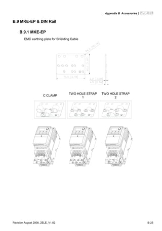 Appendix B Accessories|
Revision August 2008, 2ELE, V1.02 B-25
B.9 MKE-EP & DIN Rail
B.9.1 MKE-EP
EMC earthing plate for Shielding Cable
C CLAMP
TWO HOLE STRAP
1
TWO HOLE STRAP
2
 
