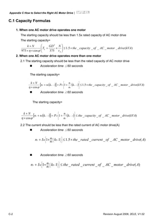 Appendix C How to Select the Right AC Motor Drive|
C-2 Revision August 2008, 2ELE, V1.02
C.1 Capacity Formulas
1. When one AC motor drive operates one motor
The starting capacity should be less than 1.5x rated capacity of AC motor drive
The starting capacity=
)(_____5.1
375cos973
2
kVAdrivemotorACofcapacitythe
t
NGD
T
Nk
A
L ×≤⎟⎟
⎠
⎞
⎜⎜
⎝
⎛
×+
××
×
ϕη
2. When one AC motor drive operates more than one motor
2.1 The starting capacity should be less than the rated capacity of AC motor drive
Acceleration time ≦60 seconds
The starting capacity=
( )[ ] ( ) )(_____5.11
cos
111 kVAdrivemotorACofcapacitythek
n
n
Pknn
Nk
sCss
T
s
T ×≤+=+
×
×
⎥
⎥
⎥
⎦
⎤
⎢
⎢
⎢
⎣
⎡
−−
ϕη
Acceleration time ≧60 seconds
The starting capacity=
( )[ ] ( ) )(_____1
cos
111 kVAdrivemotorACofcapacitythek
n
n
Pknn
Nk
sCss
T
s
T ≤+=+
×
×
⎥
⎥
⎥
⎦
⎤
⎢
⎢
⎢
⎣
⎡
−−
ϕη
2.2 The current should be less than the rated current of AC motor drive(A)
Acceleration time ≦60 seconds
)(______5.111 AdrivemotorACofcurrentratedthekn
nIn SM
T
S
T ×≤++ ⎥
⎦
⎤
⎢
⎣
⎡
⎟
⎠
⎞⎜
⎝
⎛ −
Acceleration time ≧60 seconds
)(______11 AdrivemotorACofcurrentratedthekn
nIn SM
T
S
T ≤++ ⎥
⎦
⎤
⎢
⎣
⎡
⎟
⎠
⎞⎜
⎝
⎛ −
 