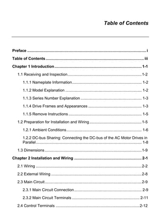 Table of Contents
Preface ............................................................................................................. i
Table of Contents .......................................................................................... iii
Chapter 1 Introduction................................................................................1-1
1.1 Receiving and Inspection....................................................................1-2
1.1.1 Nameplate Information................................................................ 1-2
1.1.2 Model Explanation ...................................................................... 1-2
1.1.3 Series Number Explanation ........................................................ 1-3
1.1.4 Drive Frames and Appearances ................................................. 1-3
1.1.5 Remove Instructions ................................................................... 1-5
1.2 Preparation for Installation and Wiring................................................1-5
1.2.1 Ambient Conditions..................................................................... 1-6
1.2.2 DC-bus Sharing: Connecting the DC-bus of the AC Motor Drives in
Parallel................................................................................................. 1-8
1.3 Dimensions.........................................................................................1-9
Chapter 2 Installation and Wiring ..............................................................2-1
2.1 Wiring .................................................................................................2-2
2.2 External Wiring ...................................................................................2-8
2.3 Main Circuit.........................................................................................2-9
2.3.1 Main Circuit Connection.............................................................. 2-9
2.3.2 Main Circuit Terminals .............................................................. 2-11
2.4 Control Terminals .............................................................................2-12
 