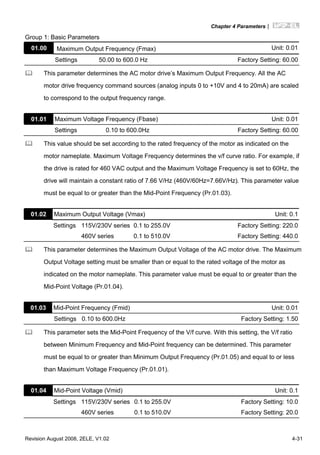 Chapter 4 Parameters|
Revision August 2008, 2ELE, V1.02 4-31
Group 1: Basic Parameters
01.00 Maximum Output Frequency (Fmax) Unit: 0.01
Settings 50.00 to 600.0 Hz Factory Setting: 60.00
This parameter determines the AC motor drive’s Maximum Output Frequency. All the AC
motor drive frequency command sources (analog inputs 0 to +10V and 4 to 20mA) are scaled
to correspond to the output frequency range.
01.01 Maximum Voltage Frequency (Fbase) Unit: 0.01
Settings 0.10 to 600.0Hz Factory Setting: 60.00
This value should be set according to the rated frequency of the motor as indicated on the
motor nameplate. Maximum Voltage Frequency determines the v/f curve ratio. For example, if
the drive is rated for 460 VAC output and the Maximum Voltage Frequency is set to 60Hz, the
drive will maintain a constant ratio of 7.66 V/Hz (460V/60Hz=7.66V/Hz). This parameter value
must be equal to or greater than the Mid-Point Frequency (Pr.01.03).
01.02 Maximum Output Voltage (Vmax) Unit: 0.1
Settings 115V/230V series 0.1 to 255.0V Factory Setting: 220.0
460V series 0.1 to 510.0V Factory Setting: 440.0
This parameter determines the Maximum Output Voltage of the AC motor drive. The Maximum
Output Voltage setting must be smaller than or equal to the rated voltage of the motor as
indicated on the motor nameplate. This parameter value must be equal to or greater than the
Mid-Point Voltage (Pr.01.04).
01.03 Mid-Point Frequency (Fmid) Unit: 0.01
Settings 0.10 to 600.0Hz Factory Setting: 1.50
This parameter sets the Mid-Point Frequency of the V/f curve. With this setting, the V/f ratio
between Minimum Frequency and Mid-Point frequency can be determined. This parameter
must be equal to or greater than Minimum Output Frequency (Pr.01.05) and equal to or less
than Maximum Voltage Frequency (Pr.01.01).
01.04 Mid-Point Voltage (Vmid) Unit: 0.1
Settings 115V/230V series 0.1 to 255.0V Factory Setting: 10.0
460V series 0.1 to 510.0V Factory Setting: 20.0
 