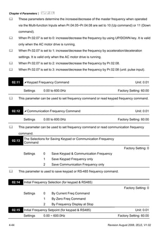 Chapter 4 Parameters|
4-44 Revision August 2008, 2ELE, V1.02
These parameters determine the increase/decrease of the master frequency when operated
via the Multi-function Inputs when Pr.04.05~Pr.04.08 are set to 10 (Up command) or 11 (Down
command).
When Pr.02.07 is set to 0: increase/decrease the frequency by using UP/DOWN key. It is valid
only when the AC motor drive is running.
When Pr.02.07 is set to 1: increase/decrease the frequency by acceleration/deceleration
settings. It is valid only when the AC motor drive is running.
When Pr.02.07 is set to 2: increase/decrease the frequency by Pr.02.08.
When Pr.02.07 is set to 3: increase/decrease the frequency by Pr.02.08 (unit: pulse input).
02.11 Keypad Frequency Command Unit: 0.01
Settings 0.00 to 600.0Hz Factory Setting: 60.00
This parameter can be used to set frequency command or read keypad frequency command.
02.12 Communication Frequency Command Unit: 0.01
Settings 0.00 to 600.0Hz Factory Setting: 60.00
This parameter can be used to set frequency command or read communication frequency
command.
02.13
The Selections for Saving Keypad or Communication Frequency
Command
Factory Setting: 0
Settings 0 Save Keypad & Communication Frequency
1 Save Keypad Frequency only
2 Save Communication Frequency only
This parameter is used to save keypad or RS-485 frequency command.
02.14 Initial Frequency Selection (for keypad & RS485)
Factory Setting: 0
Settings 0 By Current Freq Command
1 By Zero Freq Command
2 By Frequency Display at Stop
02.15 Initial Frequency Setpoint (for keypad & RS485) Unit: 0.01
Settings 0.00 ~ 600.0Hz Factory Setting: 60.00
 