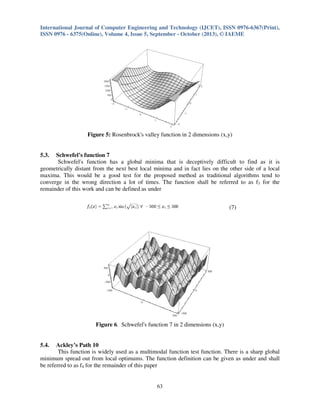 International Journal of Computer Engineering and Technology (IJCET), ISSN 0976-6367(Print),
ISSN 0976 - 6375(Online), Volume 4, Issue 5, September - October (2013), © IAEME

Figure 5: Rosenbrock's valley function in 2 dimensions (x,y)

5.3.

Schwefel’s function 7
Schwefel's function has a global minima that is deceptively difficult to find as it is
geometrically distant from the next best local minima and in fact lies on the other side of a local
maxima. This would be a good test for the proposed method as traditional algorithms tend to
converge in the wrong direction a lot of times. The function shall be referred to as f3 for the
remainder of this work and can be defined as under
(7)

Figure 6. Schwefel's function 7 in 2 dimensions (x,y)

5.4.

Ackley’s Path 10
This function is widely used as a multimodal function test function. There is a sharp global
minimum spread out from local optimums. The function definition can be given as under and shall
be referred to as f4 for the remainder of this paper
63

 