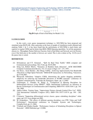 International Journal of Computer Engineering and Technology (IJCET), ISSN 0976-6367(Print),
ISSN 0976 - 6375(Online), Volume 4, Issue 5, September - October (2013), © IAEME

0.25
Proposed Scheduling
CSFQ
FRED
RED

y(End to End Delay)

0.2

0.15

0.1

0.05

0

0

5

10

15

20
25
30
x(Number of Rounds)

35

40

45

50

Fig.20 Graph of End to End Delay for Model-3 (A)

5. CONCLUSION
In this work a new queue management technique i.e. Eff-CSFQ has been proposed and
simulated using MATLAB. After analyzing on the basis of graphs of simulation results obtained and
studying Table. 2 & 3, it has been found that the performance of Eff-CSFQ is much better and
superior to regular CSFQ and far better than RED, FRED Queuing algorithms for all the parameters
chosen (i.e. Throughput, Packet Delivery Fraction, End to End Delay and Network survival Period),
even if the field area or the number of devices are varied. This is also evident in Fig. 18-20 even if
the pause time is varied.
REFERENCES
[1]
[2]
[3]

[4]

[5]

[6]

[7]
[8]

[9]

H.Gundersen and F.T. Grimstad , “QoS for Real Time Traffic” IEEE computer and
Communication proceedings, New York, pp. 50-55,2001
Dong Lin, Robert Morris, “Dynamics of Random Early Detection”, ACM SIGCOMM
Computer Communication Review, Vol. 27, Issue-4, Pages 127 - 137, 1997..
Ion Stoica , Scott Shenker , Hui Zhang “CSFQ : Achieving Approximately Fair Bandwidth
Allocations in High Speed Networks” IEEE/ACM transactions on Networking, Vancouver,
pp 33-46,2003.
Masayoshi Nabeshima “Adaptive CSFQ: determining the packet dropping probability
adaptively for achieving fair bandwidth allocations in SCORE networks” conference on
computer communications, Yokosuka-shi, Kanagawa, Japan , pp. 1-2,2002
Velmurugan, T., Chandra, H., Balaji, S., “Comparison of Queuing Disciplines for
Differentiated Services Using OPNET”, IEEE, International Conference on Advances in
Recent Technologies in Communication and Computing, ISBN:978-1-4244-5104-3, pp. 744746, 2009.
Addisu Eshete, Yuming Jiang, “Approximate Fairness through Limited Flow List”, IEEE,
23rd International Teletraffic Congress (ITC), ISBN 978-1-4577-1187-9, pp. 198 – 205,
2011.
C.Semeria “Supporting differentiated service classes, queue scheduling disciplines” white
paper, pp 5-25. www.juniper.net,2001.
M. Gospodinov, “The affects of different queuing disciplines over FTP, Video and VoIP
Performance”, International conference on Computer Systems and Technologies,
CompSysTech, pp 1-5, 2004.
T.Subash and S.Indira Gandhi “Performance Analysis of Scheduling Disciplines in Optical
Networks” , IEEE Published, pp 1-5,2006.
107

 