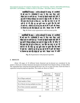 International Journal of Computer Engineering and Technology (IJCET), ISSN 0976
0976-6367(Print),
ISSN 0976 - 6375(Online), Volume 4, Issue 6, November - December (2013), © IAEME

Fig. 11. Hindi script segmentation with horizontal profile

Fig. 12. Segmentation with proposed algorithm

5. RESULTS
About 148 pages of 10 different books binarized and de-skewed are considered for the
analysis which also includes binarized documents downloaded from Digital Library of India (DLI)
(DLI).
The segmented lines using the horizontal profile have one, two or more text lines. Each line block is
segmented using the proposed algorithm. The results are shown in Table I.

Table I
Projection
profile method

Proposed
method

No of Pages analyzed

148

148

Total number of lines

4008

4008

No of blocks having multiple text lines

612

0

No of lines correctly segmented

2559

3972

Accuracy

63.8%

99.1%

189

 