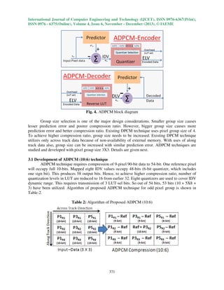 International Journal of Computer Engineering and Technology (IJCET), ISSN 0976-6367(Print),
ISSN 0976 - 6375(Online), Volume 4, Issue 6, November - December (2013), © IAEME

Fig. 4. ADPCM block diagram
Group size selection is one of the major design considerations. Smaller group size causes
lesser prediction error and poorer compression ratio. However, bigger group size causes more
prediction error and better compression ratio. Existing DPCM technique uses pixel group size of 4.
To achieve higher compression ratio, group size needs to be increased. Existing DPCM technique
utilizes only across track data because of non-availability of external memory. With uses of along
track data also, group size can be increased with similar prediction error. ADPCM techniques are
studied and developed with pixel group size 3X3. Details are given next.
3.1 Development of ADPCM (10:6) technique
ADPCM technique requires compression of 9-pixel 90-bit data to 54-bit. One reference pixel
will occupy full 10-bits. Mapped eight IDV values occupy 48-bits (6-bit quantizer, which includes
one sign bit). This produces 58 output bits. Hence, to achieve higher compression ratio, number of
quantization levels in LUT are reduced to 16 from earlier 32. Eight quantizers are used to cover IDV
dynamic range. This requires transmission of 3 LUT-sel bits. So out of 54 bits, 53 bits (10 + 5X8 +
3) have been utilized. Algorithm of proposed ADPCM technique for odd pixel group is shown in
Table-2.
Table 2: Algorithm of Proposed ADPCM (10:6)

371

 