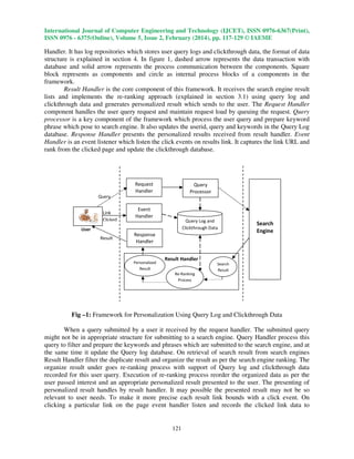 International Journal of Computer Engineering and Technology (IJCET), ISSN 0976-6367(Print),
ISSN 0976 - 6375(Online), Volume 5, Issue 2, February (2014), pp. 117-129 © IAEME

Handler. It has log repositories which stores user query logs and clickthrough data, the format of data
structure is explained in section 4. In figure 1, dashed arrow represents the data transaction with
database and solid arrow represents the process communication between the components. Square
block represents as components and circle as internal process blocks of a components in the
framework.
Result Handler is the core component of this framework. It receives the search engine result
lists and implements the re-ranking approach (explained in section 3.1) using query log and
clickthrough data and generates personalized result which sends to the user. The Request Handler
component handles the user query request and maintain request load by queuing the request. Query
processor is a key component of the framework which process the user query and prepare keyword
phrase which pose to search engine. It also updates the userid, query and keywords in the Query Log
database. Response Handler presents the personalized results received from result handler. Event
Handler is an event listener which listen the click events on results link. It captures the link URL and
rank from the clicked page and update the clickthrough database.

Request
Handler

Query
Processor

Query
Link
Clicked

Event
Handler
Query Log and
Clickthrough Data

User
Result

Response
Handler

Personalized
Result

Search
Engine

Result Handler
Search
Result
Re-Ranking
Process

Fig –1: Framework for Personalization Using Query Log and Clickthrough Data
When a query submitted by a user it received by the request handler. The submitted query
might not be in appropriate structure for submitting to a search engine. Query Handler process this
query to filter and prepare the keywords and phrases which are submitted to the search engine, and at
the same time it update the Query log database. On retrieval of search result from search engines
Result Handler filter the duplicate result and organize the result as per the search engine ranking. The
organize result under goes re-ranking process with support of Query log and clickthrough data
recorded for this user query. Execution of re-ranking process reorder the organized data as per the
user passed interest and an appropriate personalized result presented to the user. The presenting of
personalized result handles by result handler. It may possible the presented result may not be so
relevant to user needs. To make it more precise each result link bounds with a click event. On
clicking a particular link on the page event handler listen and records the clicked link data to

121

 