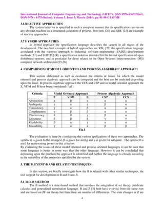 International Journal of Computer Engineering and Technology (IJCET), ISSN 0976-6367(Print),
ISSN 0976 - 6375(Online), Volume 5, Issue 3, March (2014), pp. 01-08 © IAEME
4
3.6 REACTIVE APPROACHES
The system behavior is specified in such a complete manner that its specification can run on
any abstract machine as a structured collection of process. Petri nets [20] and SDL [21] are example
of reactive approaches.
3.7 HYBRID APPROACHES
In hybrid approach the specification language describes the system in all stages of the
development. The two best example of hybrid approaches are RSL [22] the specification language
associated with the rigorous approach to industrial software engineering (RAISE) development
methods [23] and LOTOS [24], a specification notation intended for the formal specification of open
distributed systems, and in particular for those related to the Open Systems Interconnection (OSI)
computer network architecture[25,26].
4. COMPARISON OF MODEL ORIENTED AND PROCESS ALGEBRAIC APPROACH
This section elaborated as well as evaluated the criteria or issues for which the model
oriented and process algebraic approach can be compared and the best can be analyzed depending
upon the issue. In process algebraic approach the CCS and CSP and in model oriented approach the
Z, VDM and B have been considered (fig1).
Criteria Model Oriented Approach Process Algebraic Approach
Z VDM B CSP CCS
Abstraction α β α α α
Ambiguity γ α γ β α
Consistency γ α β α α
Completeness γ β β α α
Concurrency θ θ γ β α
Looseness β β β γ γ
Readability β α γ α α
Reusability γ α α β β
Fig.1
The evaluation is done by considering the various applications of these two approaches. The
symbol α is given to the strongest, β is given for strong and γ is given for adequate. The symbol θ is
used for representing poorer in that criterion.
By evaluating the issues of these model oriented and process oriented languages it can be seen that
some language is better in some way than the other language. However it can be concluded that
depending upon the problem the approach is identified and further the language is chosen according
to the suitability of the properties specified by the system.
5. THE B, EVENT-B AND RELATED TECHNIQUES
In this section, we briefly investigate how the B is related with other similar techniques, the
tool support for development in B and Event-B.
5.1 THE B METHOD
The B method is a state-based method that involves the integration of set theory, predicate
calculus and generalized substitution language. B and Z [5] both have evolved from the same root
and are based on ZF set theory but then there are number of differences. The state changes in Z are
 