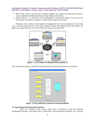 International Journal of Computer Engineering and Technology (IJCET), ISSN 0976-6367(Print),
ISSN 0976 - 6375(Online), Volume 5, Issue 4, April (2014), pp. 32-40 © IAEME
35
4. Rule Viewer- used to view the fuzzy inference diagram. It is used to see which rules are active,
or how individual membership function shapes influence the results.
5. Surface Viewer – it is utilized to view the dependency of one of the outputs on any one or two
of the inputs. It generates and plots an output surface map for the system.
Precisely, a fuzzy decision is the upshot of weighing the facts and its significance in the same
way as humans take decisions. Fuzzy logic replicates human like thinking where the human can
figure out a vague inference from an assortment of imprecise premises [5].
Figure – 2: GUI editors in Mamdani fuzzy method [5]
The overall fuzzy inference model for tsunami prediction system can be shown as in the fig.3.
Figure -3: fuzzy inference system for tsunami prediction
4.1. Input/ Output Membership Functions
There are 5 inputs in this system. Each input is defined by using the different
membership functions. The output alert is described by the membership functions rare, advisory
 