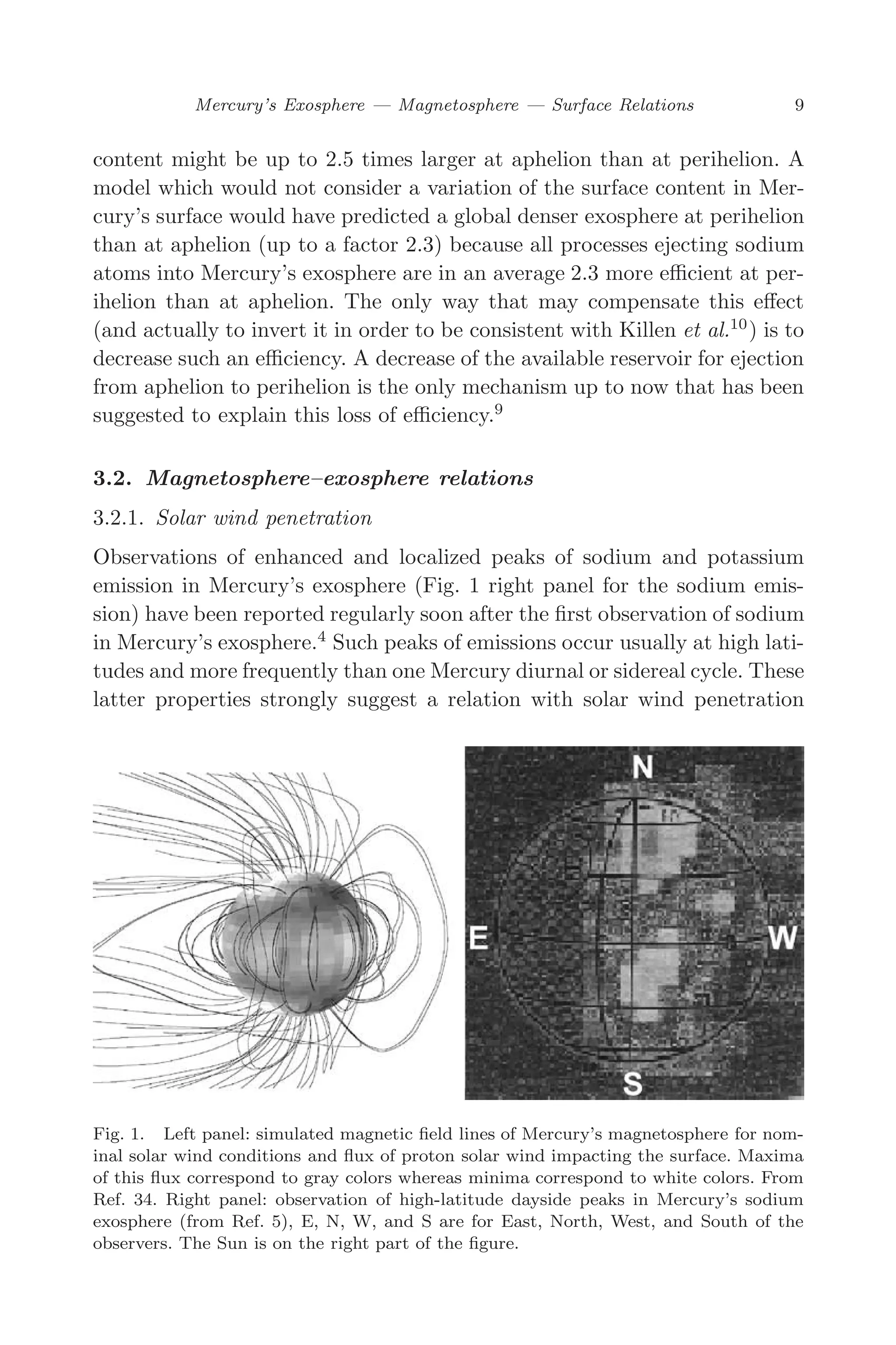March 16, 2006 13:47 WSPC/SPI-B368 Advances in Geosciences Vol. 3 ch02
Mercury’s Exosphere — Magnetosphere — Surface Relations 9
content might be up to 2.5 times larger at aphelion than at perihelion. A
model which would not consider a variation of the surface content in Mer-
cury’s surface would have predicted a global denser exosphere at perihelion
than at aphelion (up to a factor 2.3) because all processes ejecting sodium
atoms into Mercury’s exosphere are in an average 2.3 more eﬃcient at per-
ihelion than at aphelion. The only way that may compensate this eﬀect
(and actually to invert it in order to be consistent with Killen et al.10
) is to
decrease such an eﬃciency. A decrease of the available reservoir for ejection
from aphelion to perihelion is the only mechanism up to now that has been
suggested to explain this loss of eﬃciency.9
3.2. Magnetosphere–exosphere relations
3.2.1. Solar wind penetration
Observations of enhanced and localized peaks of sodium and potassium
emission in Mercury’s exosphere (Fig. 1 right panel for the sodium emis-
sion) have been reported regularly soon after the ﬁrst observation of sodium
in Mercury’s exosphere.4
Such peaks of emissions occur usually at high lati-
tudes and more frequently than one Mercury diurnal or sidereal cycle. These
latter properties strongly suggest a relation with solar wind penetration
Fig. 1. Left panel: simulated magnetic ﬁeld lines of Mercury’s magnetosphere for nom-
inal solar wind conditions and ﬂux of proton solar wind impacting the surface. Maxima
of this ﬂux correspond to gray colors whereas minima correspond to white colors. From
Ref. 34. Right panel: observation of high-latitude dayside peaks in Mercury’s sodium
exosphere (from Ref. 5), E, N, W, and S are for East, North, West, and South of the
observers. The Sun is on the right part of the ﬁgure.
 