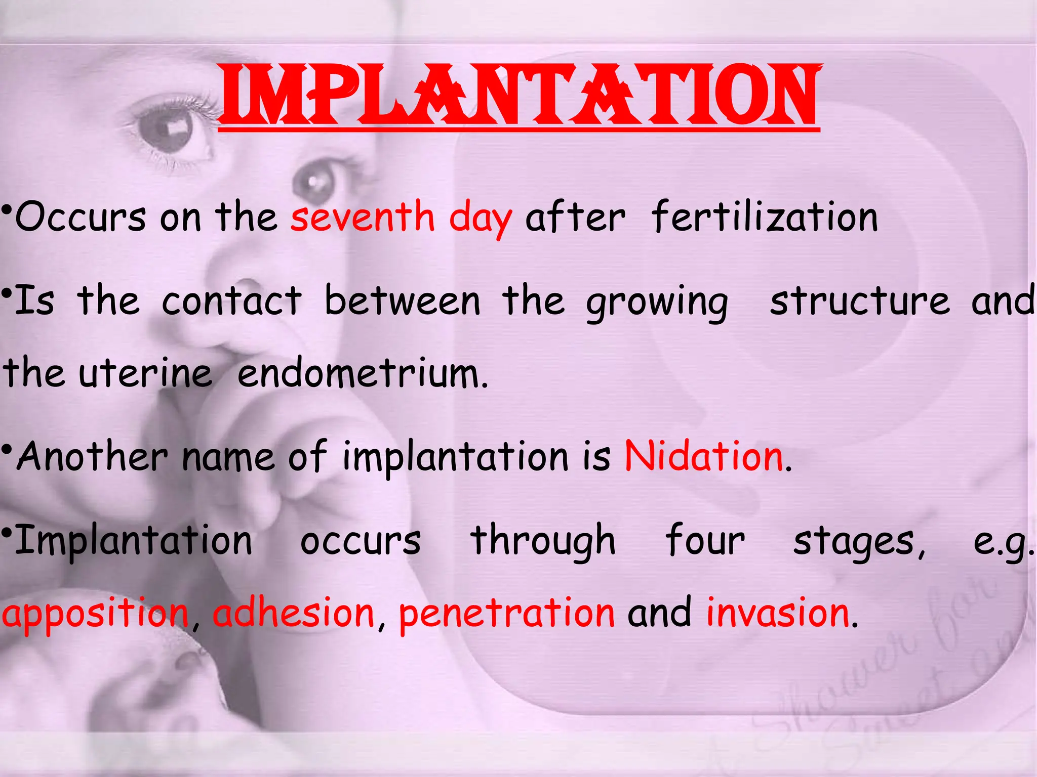Implantation
•Occurs on the seventh day after fertilization
•Is the contact between the growing structure and
the uterine endometrium.
•Another name of implantation is Nidation.
•Implantation occurs through four stages, e.g.
apposition, adhesion, penetration and invasion.
 