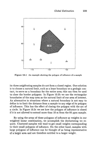 Global Estimation 239
+ +
10 30
Figure 10.1 An example showing the polygon of influence of a sample
its three neighboring samples do not form a closed region. One solution
is to choose a natural limit, such as a lease boundary or a geologic con-
tact, to serve as a boundary for the entire area; this can then be used
to close the border polygons. In Figure 10.3b we use the rectangular
boundaries of the map area as the natural limit of our area of interest.
An alternative in situations where a natural boundary is not easy to
define is to limit the distance from a sample to any edge of its polygon
of influence. This has the effect of closing the polygon with the arc of
a circle. In Figure 1 0 . 3 ~we see how the polygon of influence is closed
if it is not allowed to extend more than 10 m from the 85 ppm sample.
By using the areas of these polygons of influence as weights in our
weighted linear combination, we accomplish the declustering we re-
quire. Clustered samples will tend to get small weights corresponding
to their small polygons of influence. On the other hand, samples with
large polygons of influence can be thought of as being representative
of a larger area and are therefore entitled to a larger weight.
 