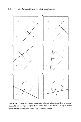 240
(
A n Introduction to Applied Geostatistics
Figure 10.2 Construction of a polygon of influence using the method of perpen-
dicular bisectors. Figures (a) to (f) show the steps in constructing a region within
which the central sample is closer than any other sample.
 