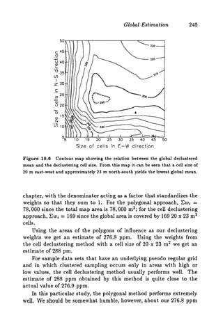 Global Estimation 245
Size of cells in E-W direction
Figure 10.6 Contour map showing the relation between the global declustered
mean and the declustering cell size. From this map it can be seen that a cell size of
20 m east-west and approximately 23 m north-south yields the lowest global mean.
chapter, with the denominator acting as a factor that standardizes the
weights so that they sum to 1. For the polygonal approach, C W j =
78,000 since the total map area is 78,000 m2; for the cell declustering
approach, Cwi = 169 since the global area is covered by 169 20 x 23 m2
cells.
Using the areas of the polygons of influence as our declustering
weights we get an estimate of 276.8 ppm. Using the weights from
the cell declustering method with a cell size of 20 x 23 m2 we get an
estimate of 288 pm.
For sample data sets that have an underlying pseudo regular grid
and in which clustered sampling occurs only in areas with high or
low values, the cell declustering method usually performs well. The
estimate of 288 ppm obtained by this method is quite close to the
actual value of 276.9 ppm.
In this particular study, the polygonal method performs extremely
well, We should be somewhat humble, however, about our 276.8 pprn
 
