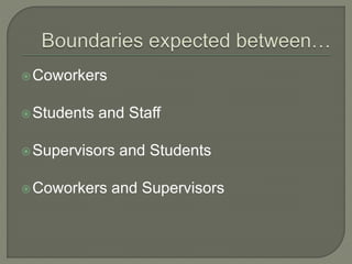 Coworkers
Students and Staff
Supervisors and Students
Coworkers and Supervisors
 