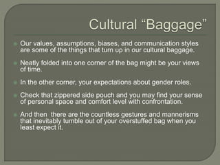  Our values, assumptions, biases, and communication styles
are some of the things that turn up in our cultural baggage.
 Neatly folded into one corner of the bag might be your views
of time.
 In the other corner, your expectations about gender roles.
 Check that zippered side pouch and you may find your sense
of personal space and comfort level with confrontation.
 And then there are the countless gestures and mannerisms
that inevitably tumble out of your overstuffed bag when you
least expect it.
 