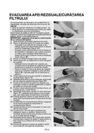 RO 6
EVACUAREAAPEIREZIDUALE/CURĂŢAREA
FILTRULUI
Vă recomandăm să verificaţi și să curăţaţi filtrul cu
regularitate, cel puţin de două sau trei ori pe an, în
special:
• Dacă se aprinde indicatorul “Curăţaţi pompa” .
• Dacă aparatul nu evacuează apa corect sau dacă
nu efectuează ciclul de centrifugare.
Dacă mașina de spălat se află într-o încăpere supusă
îngheţului, trebuie să scurgeţi apa reziduală după fiecare
spălare, pentru a evita deteriorarea sa.
IMPORTANT: asiguraţi-vă că apa s-a răcit înainte
de a o evacua din aparat.
1. Opriţi aparatul și scoateţi ștecherul din priză.
2. Pentru a deschide soclul (în funcţie de model):
- Împingeţi în jos știfturile din dreapta și din
stânga (dacă sunt disponibile) pentru a elibera
soclul și îndepărtaţi-l (figura “A”).
- Scoateţi soclul utilizând sifonul de la dozatorul
de detergent: împingeţi în jos o parte a soclului
cu mâna, apoi împingeţi vârful sifonului în
spaţiul dintre soclu și panoul frontal și desfaceţi
soclul (figura “B”).
3. Puneţi un recipient lângă mașina de spălat.
4. Dacă mașina dv. de spălat are un furtun de golire
de urgenţă:
- Detașaţi furtunul de golire de urgenţă, sau
scoateţi furtunul de golire de urgenţă din partea
posterioară a mașinii (în funcţie de model).
- Dacă nu există un furtun de golire de urgenţă:
așezaţi un recipient încăpător și plat sub filtru
(figura “D”). Ignoraţi pașii 5-8 și continuaţi cu
pasul 9.
5. Ţineţi capătul furtunului de urgenţă în recipient și
scoateţi dopul (figura “C”).
6. Așteptaţi până când s-a scurs toată apa, apoi puneţi
din nou dopul la capătul furtunului (figura “E”).
7. Puneţi la loc furtunul de golire de urgenţă, sau
împingeţi-l înapoi în partea posterioară a mașinii
de spălat (în funcţie de model).
8. Puneţi o cârpă absorbantă din bumbac (de ex. un
prosop) pe jos, în faţa filtrului.
9. Deschideţi încet filtrul, rotindu-l în sens anti-orar
(figura “F”); așteptaţi până când s-a scurs toată
apa, apoi deșurubaţi complet filtrul și scoateţi-l.
10. Înclinaţi aparatul înainte cu grijă (trebuie să vă
ajute încă o persoană) pentru ca apa să se scurgă
complet.
11. Curăţaţi filtrul și compartimentul filtrului; asiguraţi-
vă că rotorul pompei se mișcă liber în
compartimentul filtrului.
12. Introduceţi filtrul la loc și înșurubaţi-l în sens orar,
cât de mult posibil.
13. Turnaţi circa 1 litru de apă în dozatorul de
detergent, pentru a reactiva “Sistemul Eco”.
Verificaţi ca filtrul să fie bine introdus și fixat și să
nu se scurgă apă pe lângă el.
14. Reinstalaţi soclul (figura “G”); dacă este necesar,
înclinaţi puţin mașina de spălat în spate pentru a
face acest lucru (trebuie să vă mai ajute o
persoană).
15. Introduceţi ștecherul mașinii de spălat în priză.
Acum este din nou gata de funcţionare.
C
B
F
G
E
A
D
 