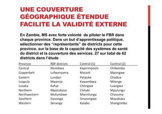 UNE COUVERTURE
GÉOGRAPHIQUE ÉTENDUE
FACILITE LA VALIDITÉ EXTERNE
En Zambie, MS avec forte volonté de piloter le FBR dans
chaque province. Dans un but d’apprentissage politique,
sélectionner des “représentants” de districts pour cette
province, sur la base de la capacité des systèmes de santé
du district et la couverture des services. 27 sur total de 62
districts dans l’étude
 