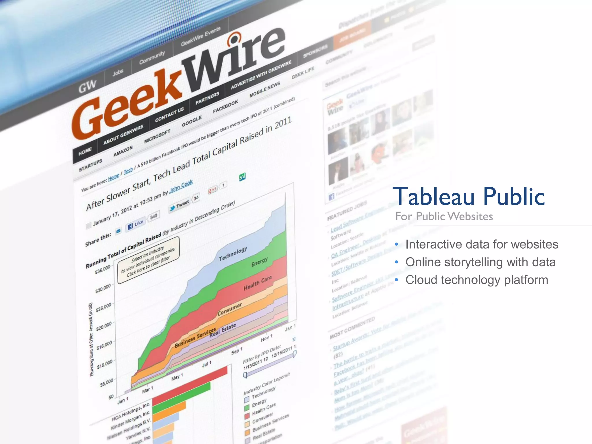 Tableau Public
For Public Websites
• Interactive data for websites
• Online storytelling with data
• Cloud technology platform