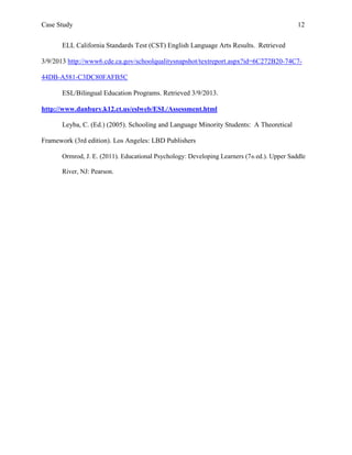 Case Study                                                                                  12


      ELL California Standards Test (CST) English Language Arts Results. Retrieved

3/9/2013 http://www6.cde.ca.gov/schoolqualitysnapshot/textreport.aspx?id=6C272B20-74C7-

44DB-A581-C3DC80FAFB5C

      ESL/Bilingual Education Programs. Retrieved 3/9/2013.

http://www.danbury.k12.ct.us/eslweb/ESL/Assessment.html

      Leyba, C. (Ed.) (2005). Schooling and Language Minority Students: A Theoretical

Framework (3rd edition). Los Angeles: LBD Publishers

      Ormrod, J. E. (2011). Educational Psychology: Developing Learners (7th ed.). Upper Saddle

      River, NJ: Pearson.
 