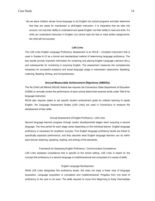 Case Study                                                                                                           14


     •As we place children whose home language is not English into school programs and later determine
        that they are ready for mainstream or all-English instruction, it is imperative that we take into
        account, not only their ability to understand and speak English, but their ability to read and write. If a
        child can understand instruction in English, but cannot read the text or meet written assignments,
        the child will not succeed.


                                                    LAS Links
    The LAS Links English Language Proficiency Assessment is an NCLB – compliant instrument that is
    used in Grades K-12 as a formal and standardized method of determining language proficiency. The
    test results provide important information for screening and placing English Language Learners (ELL)
    and subsequently for monitoring in acquiring English. The assessment measures the competencies
    necessary for successful academic and social language usage in mainstream classrooms: Speaking,
    Listening, Reading, Writing, and Comprehension.


                        Annual Measurable Achievement Objectives (AMAOs)
    The No Child Left Behind (NCLB) federal law requires the Connecticut State Department of Education
    (CSDE) to annually review the performance of each school district that receives funds under Title III for
    language instruction.
    NCLB also requires states to set specific student achievement goals for children learning to speak
    English. the Language Assessment Scales (LAS Links) are used in Connecticut to measure the
    development of their skills.


                              Annual Assessment of English Proficiency - LAS Links
    Second language learners progress through certain developmental stages when acquiring a second
    language. The time period for each stage varies depending on the individual learner. English language
    proficiency is necessary for academic success. Five English language proficiency levels are linked to
    specifically expected performance, and they describe what English language learners can do within
    each Doman (listening, speaking, reading, and writing) of the standards.


                  Framework for Assessing English Proficiency - Communicative Competence
    LAS Links assesses competence that is specific to the school setting. LAS Links is based on the
    concept that proficiency in a second language is multidimensional and comprised of a variety of skills.


                                         English Language Development
    While LAS Links designates five proficiency levels, this does not imply a linear view of language
    acquisition. Language acquisition is cumulative and multidimensional. Progress from one level of
    proficiency to the next is not even. The skills required to move from Beginning to Early Intermediate
 