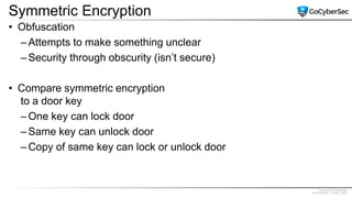 Proprietary & Confidential
@GoCyberSec | January, 2020
Symmetric Encryption
• Obfuscation
– Attempts to make something unclear
– Security through obscurity (isn’t secure)
• Compare symmetric encryption
to a door key
– One key can lock door
– Same key can unlock door
– Copy of same key can lock or unlock door
 