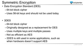 Proprietary & Confidential
@GoCyberSec | January, 2020
Symmetric Encryption
• Data Encryption Standard (DES)
– 64-bit block cipher
– Uses 56-bit keys and should not be used today
• 3DES
– 64-bit block cipher
– Originally designed as a replacement for DES
– Uses multiple keys and multiple passes
– Not as efficient as AES
– 3DES is still used in some applications, such as
when hardware doesn’t support AES
 