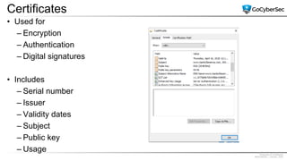 Proprietary & Confidential
@GoCyberSec | January, 2020
Certificates
• Used for
– Encryption
– Authentication
– Digital signatures
• Includes
– Serial number
– Issuer
– Validity dates
– Subject
– Public key
– Usage
 