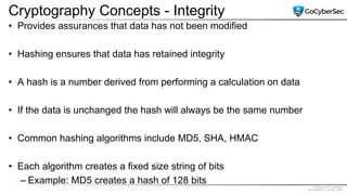 Proprietary & Confidential
@GoCyberSec | January, 2020
Cryptography Concepts - Integrity
• Provides assurances that data has not been modified
• Hashing ensures that data has retained integrity
• A hash is a number derived from performing a calculation on data
• If the data is unchanged the hash will always be the same number
• Common hashing algorithms include MD5, SHA, HMAC
• Each algorithm creates a fixed size string of bits
– Example: MD5 creates a hash of 128 bits
 