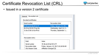 Proprietary & Confidential
@GoCyberSec | January, 2020
Certificate Revocation List (CRL)
• Issued in a version 2 certificate
 
