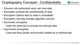 Proprietary & Confidential
@GoCyberSec | January, 2020
Cryptography Concepts - Confidentiality
• Ensures only authorized users can view data
• Encryption protects the confidentiality of data
• Encryption ciphers data to make it unreadable
• Encryption normally includes algorithm and key
• Symmetric encryption
– Uses the same key to encrypt and decrypt data
• Asymmetric encryption
– Uses two keys (public and private) created as a matched pair
 