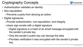 Proprietary & Confidential
@GoCyberSec | January, 2020
Cryptography Concepts
• Authentication validates an identity
• Non-repudiation
– Prevents a party from denying an action
• Digital signatures
– Provide authentication, non-repudiation, and integrity
– Users sign emails with a digital signature
• Digital signature is a hash of an email message encrypted with
the sender’s private key
• Only the sender’s public key can decrypt the data
• Provides verification it was encrypted with the sender’s private
key
 